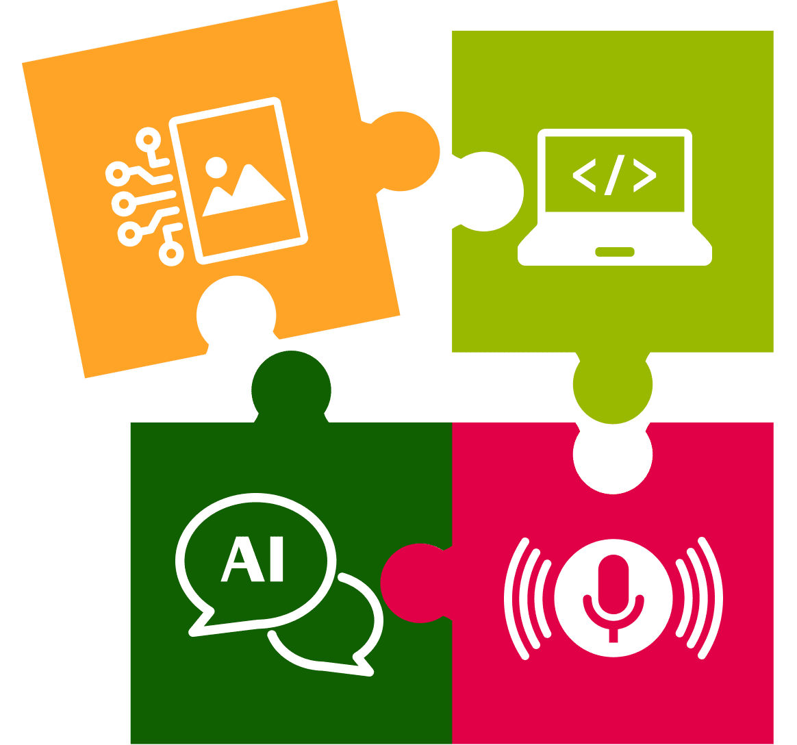 画像解析、プログラミング、AI対話、音声認識の4つの技術が連携していることを示すパズルのイラスト